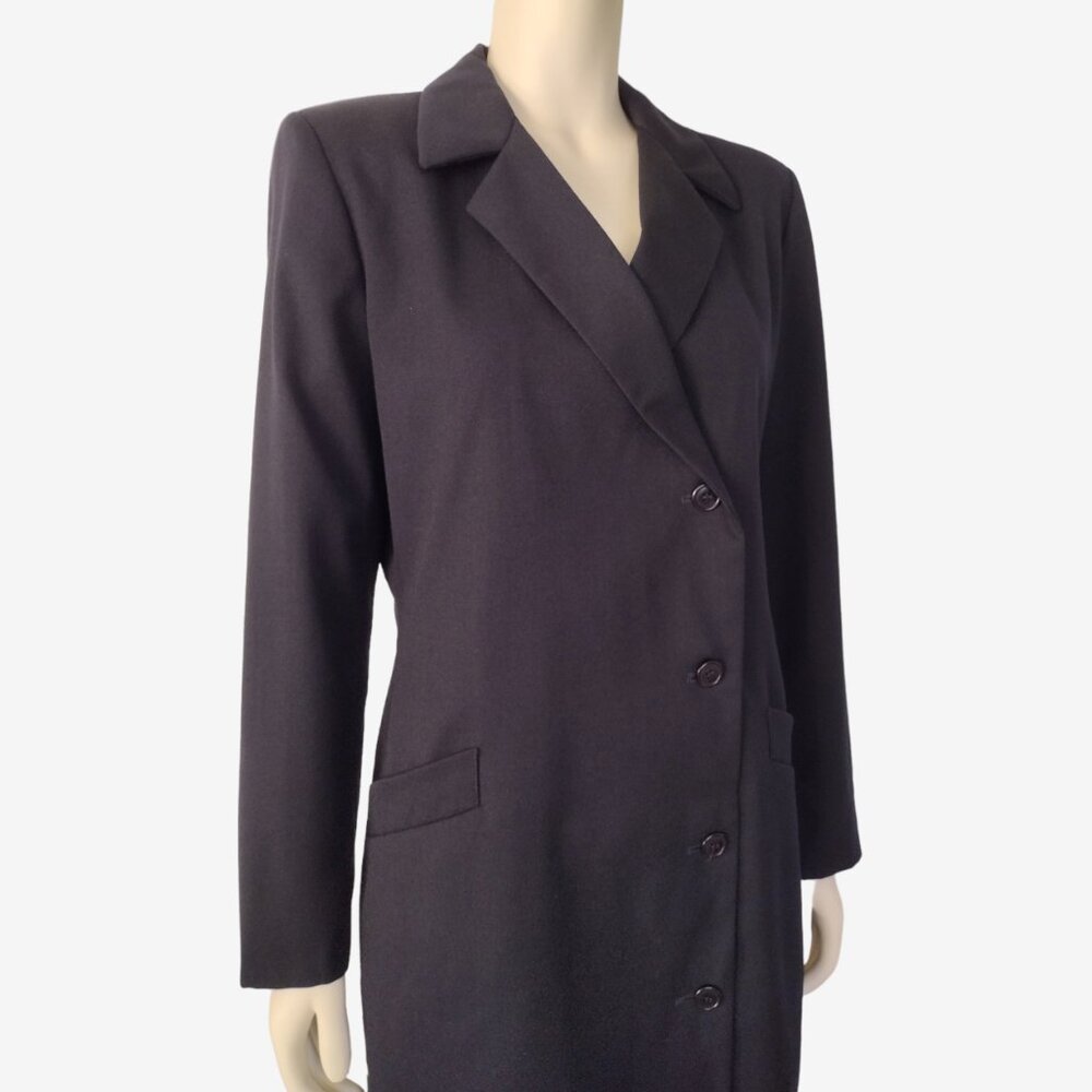 Vintage 1990s Havre Bernard Black Asymmetric 100% Wool Long Fitted Coat - Picture 8 of 14